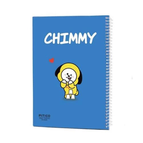 دفتر مشق ۴۰ برگ سری BTS با طرح CHIMMY، جلد آبی و تصویر شخصیت چی‌می در مرکز، با صحافی فنری در سمت راست