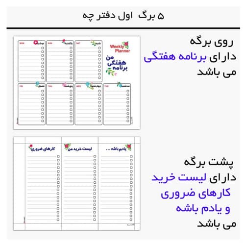 نمای داخلی پلنر مستر راد طرح My Planner؛ پنج برگ نخست با جدول برنامه‌ریزی هفتگی در رو و فهرست خرید، کارهای ضروری و یادآوری در پشت