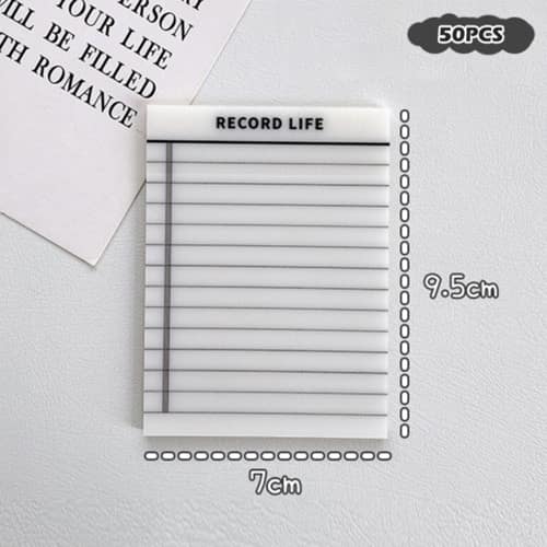 استیک‌نوت شفاف خط‌دار با عنوان RECORD LIFE، شامل ۵۰ برگ و ابعاد ۹٫۵ در ۷ سانتی‌متر