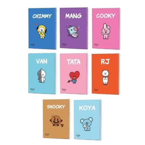 مجموعه دفترهای مشق ۴۰ برگ سری BTS با طرح‌های رنگی شخصیت‌های CHIMMY، MANG، COOKY، VAN، TATA، RJ، SHOOKY و KOYA