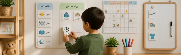 کودکی در حال جابه‌جا کردن کارت‌های برنامه‌ریز تصویری روزانه روی دیوار؛ تقویم دیواری و تخته پاک‌شو نیز در کنار آن دیده می‌شوند.