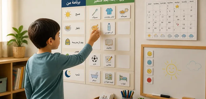 کودکی در حال جابهجا کردن کارتهای برنامهریز تصویری روزانه روی دیوار؛ تقویم دیواری و تخته پاکشو نیز در کنار آن دیده میشوند.