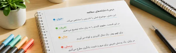 نمای نزدیک یک دفتر سیمی فارسی روی میز چوبی که چهار نشانهٔ رنگی آبی، سبز، نارنجی و قرمز را برای بخش‌های مختلف یادداشت نشان می‌دهد؛ کنار آن خودکار، گیاه و چند کتاب دیده می‌شود.