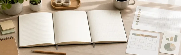 سه دفتر باز برای مقایسه الگوهای صفحه؛ دفتر خط‌دار در سمت چپ، دفتر نقطه‌ای در مرکز و دفتر شطرنجی در سمت راست، همراه با مداد و برگه‌های فهرست، جدول و نمودار روی میز