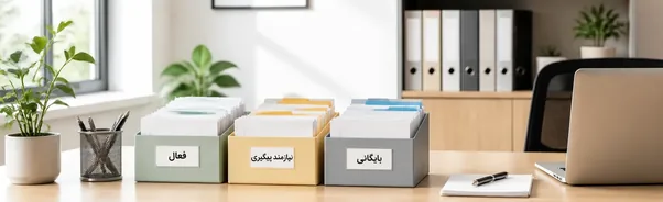 سه جعبه بایگانی رومیزی حاوی کاغذها، با برچسب‌های «فعال»، «نیازمند پیگیری» و «بایگانی»، روی میز کار اداری