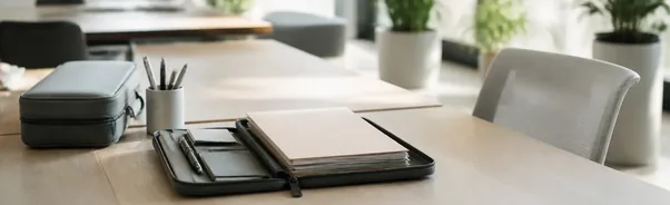 میز کار اشتراکی مرتب با کیف organizer قابل‌حملِ باز، ابزارهای نوشتن، پوشه کاغذها و فضای خالی کافی روی میز