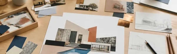 دستهایی در حال چیدمان برشهای هندسی مجله و کاغذ رنگی برای ساخت کلاژ معماری روی میز کار، کنار طرحهای دستی و مدادها