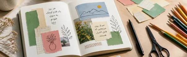 دفتر ژورنال تصویری باز روی میز با کلاژ کاغذهای رنگی، نوشته‌های فارسی، طرح‌های گیاهی و عکس‌های طبیعت؛ مداد رنگی، قیچی، چسب و نوارچسب در کنار آن دیده می‌شود.