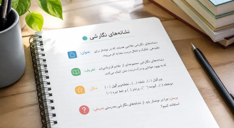 جزوهای با کدگذاری رنگی محدود برای عنوان، تعریف، مثال و پرسش