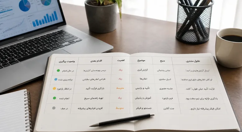 دفتر ثبت بازخورد مشتری با ستون‌های موضوع، منبع، اقدام بعدی و وضعیت پیگیری