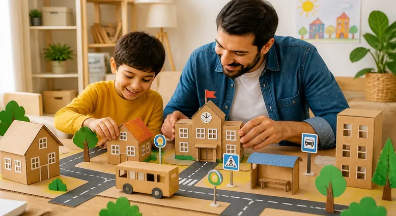 کودک و بزرگسال در حال ساخت ماکت شهر با جعبهها و قطعات مقوایی