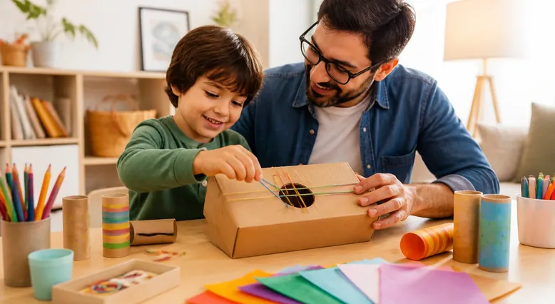 کودک در حال ساخت گیتار جعبه‌ای با کش و جعبه مقوایی