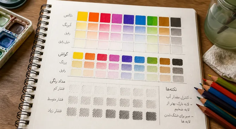 صفحه‌ای از دفترچه رنگ‌سنجی دست‌ساز با جدول نمونه‌های آبرنگ و گواش در غلظت‌های مختلف و نمونه‌های مداد رنگی با فشارهای متفاوت، کنار جعبه رنگ و مدادهای رنگی روی میز کار
